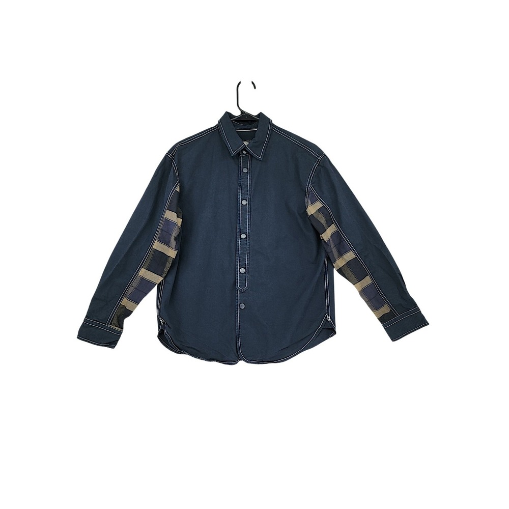 Baleno Men Shirt S Snap Front Workwear Navy Blue Plaid Contrast Stitch Western